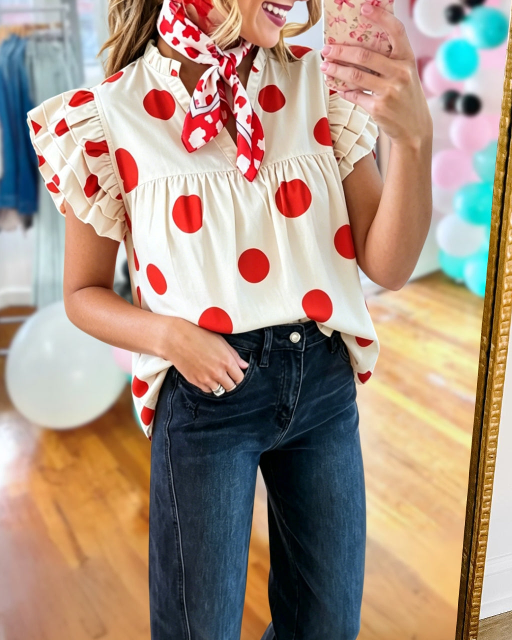 Polka-Dot Flutter Sleeves Top