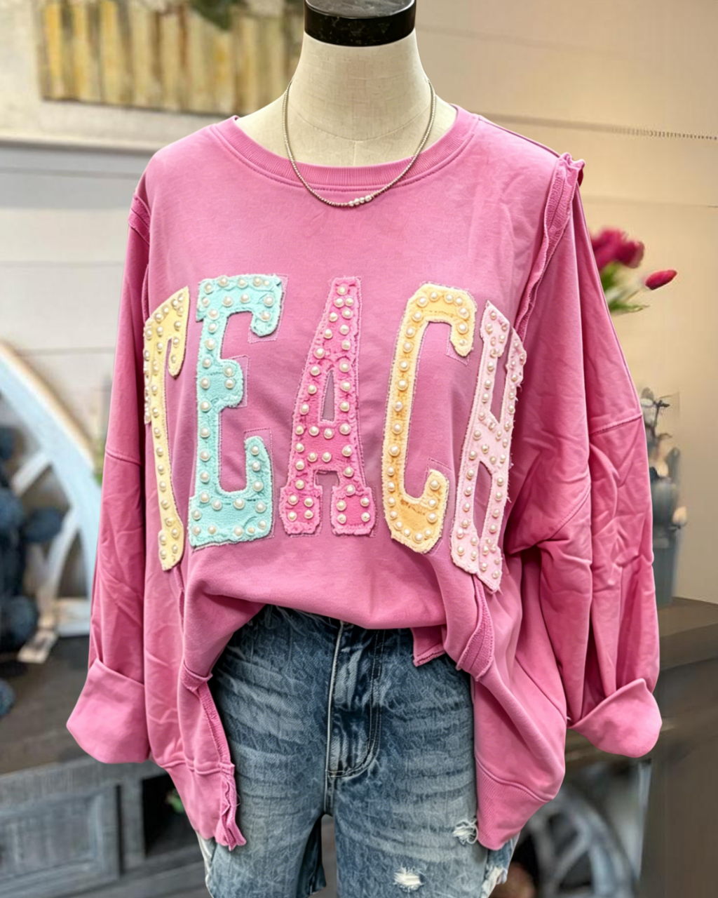 TEACH Embroidered Beaded Patch Pullover