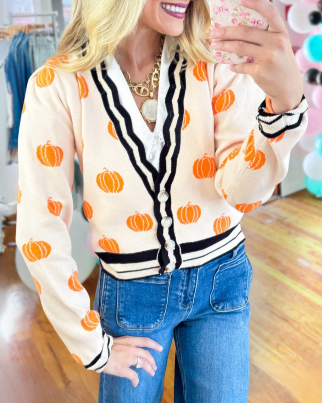 Pumpkin Print Knitted Cardigan