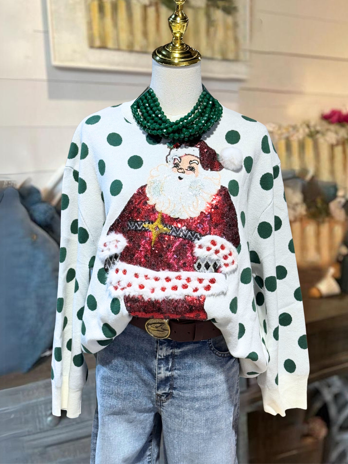 Santa Claus Sequined Polka Dot Pullover