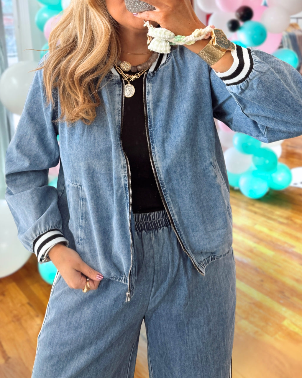 Chic Denim Stripe Accent Jacket