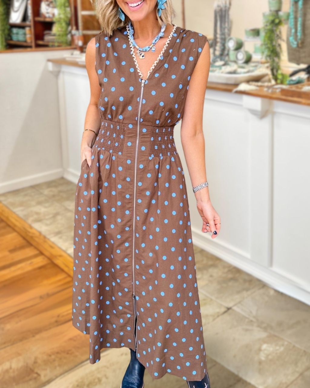 Polka Dot Zipper V-neck Maxi Dress