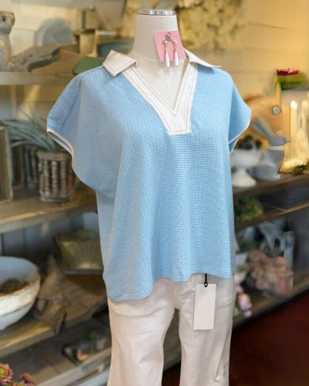 Color-blocked Collared Knit Top