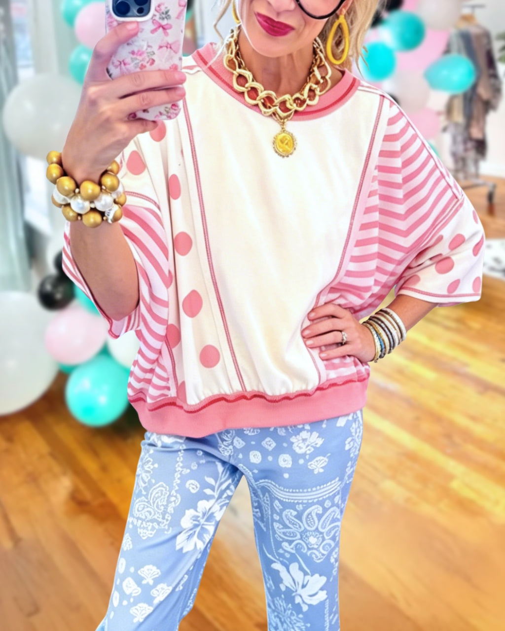Polka Dot Striped Reverse Seam Top