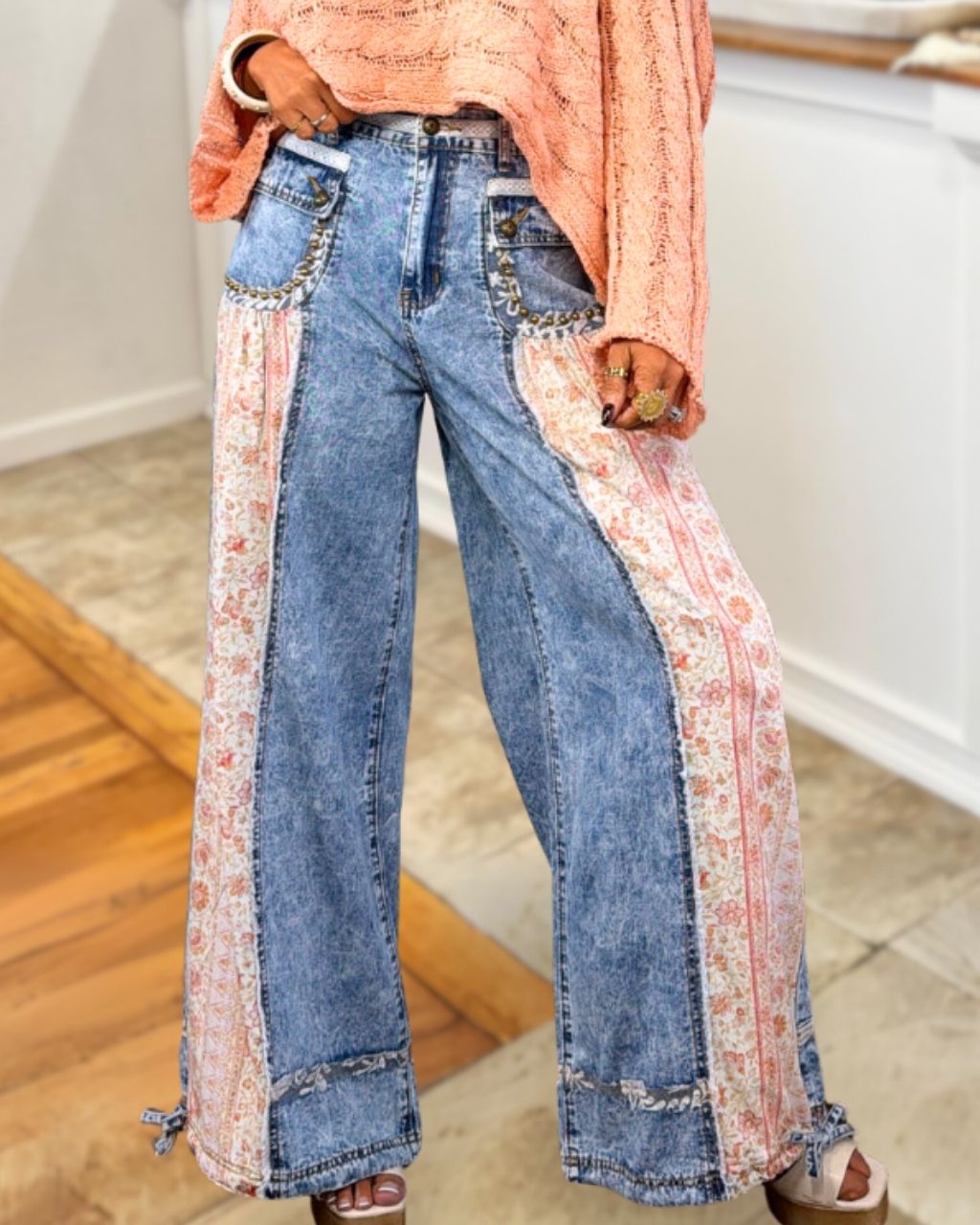 Floral Patchwork Wide-Leg Denim Pants