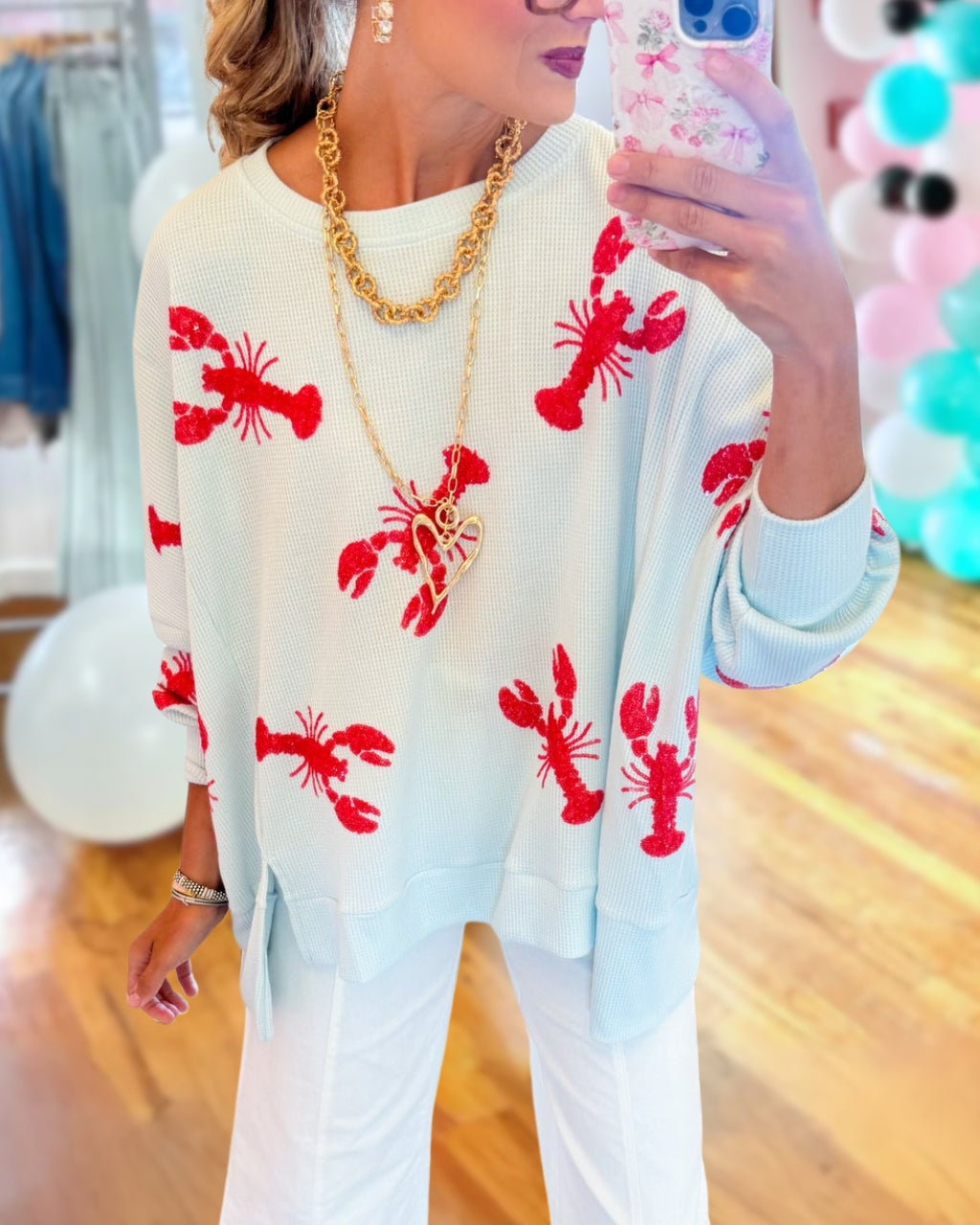 Ocean Glam Lobster Sequin Waffle Top