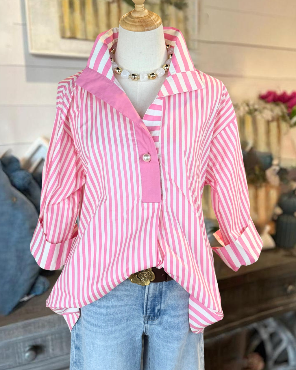 Simple Striped Half-open Collar Top