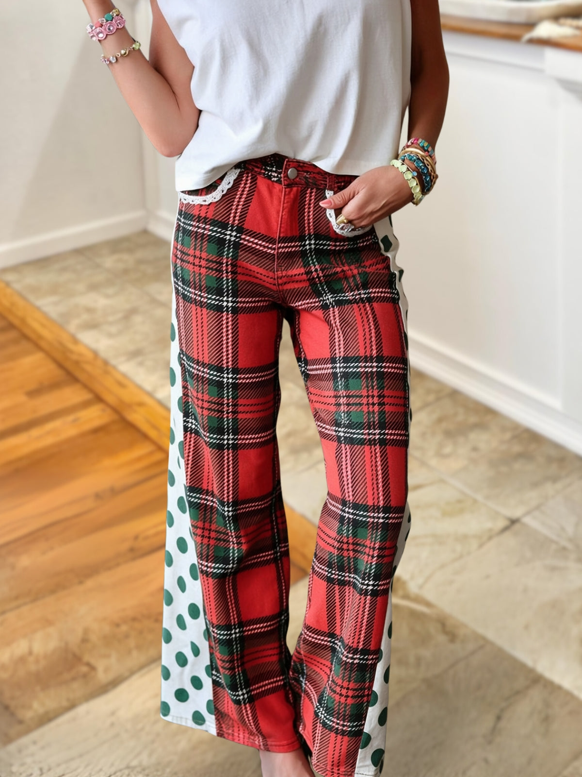 Retro Plaid Polka Dot Patchwork Pants