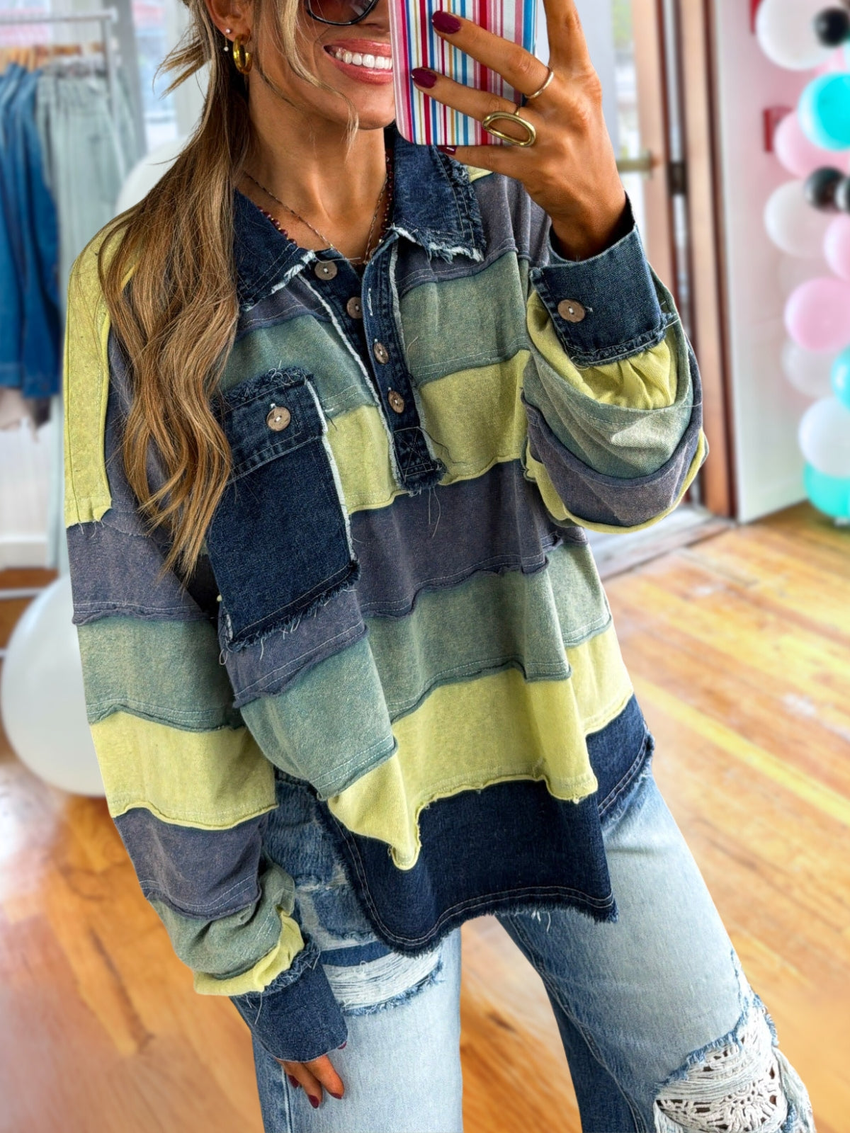 Color-blocked Patchwork Distressed Washed Pullover