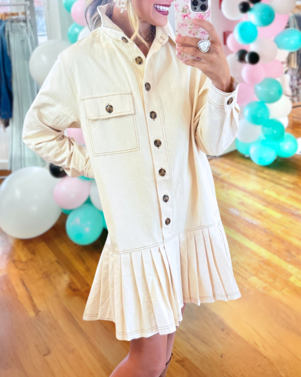 Pleated Hem Collared Button Dress