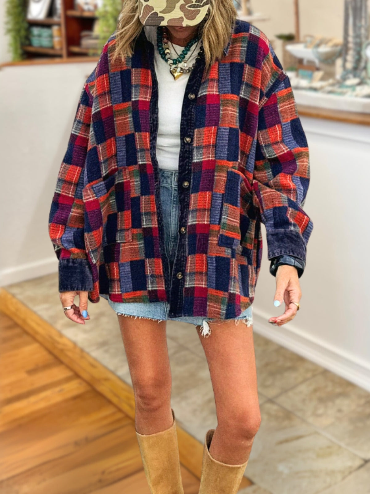 Retro Color-Block Plaid Wool-Blend Jacket