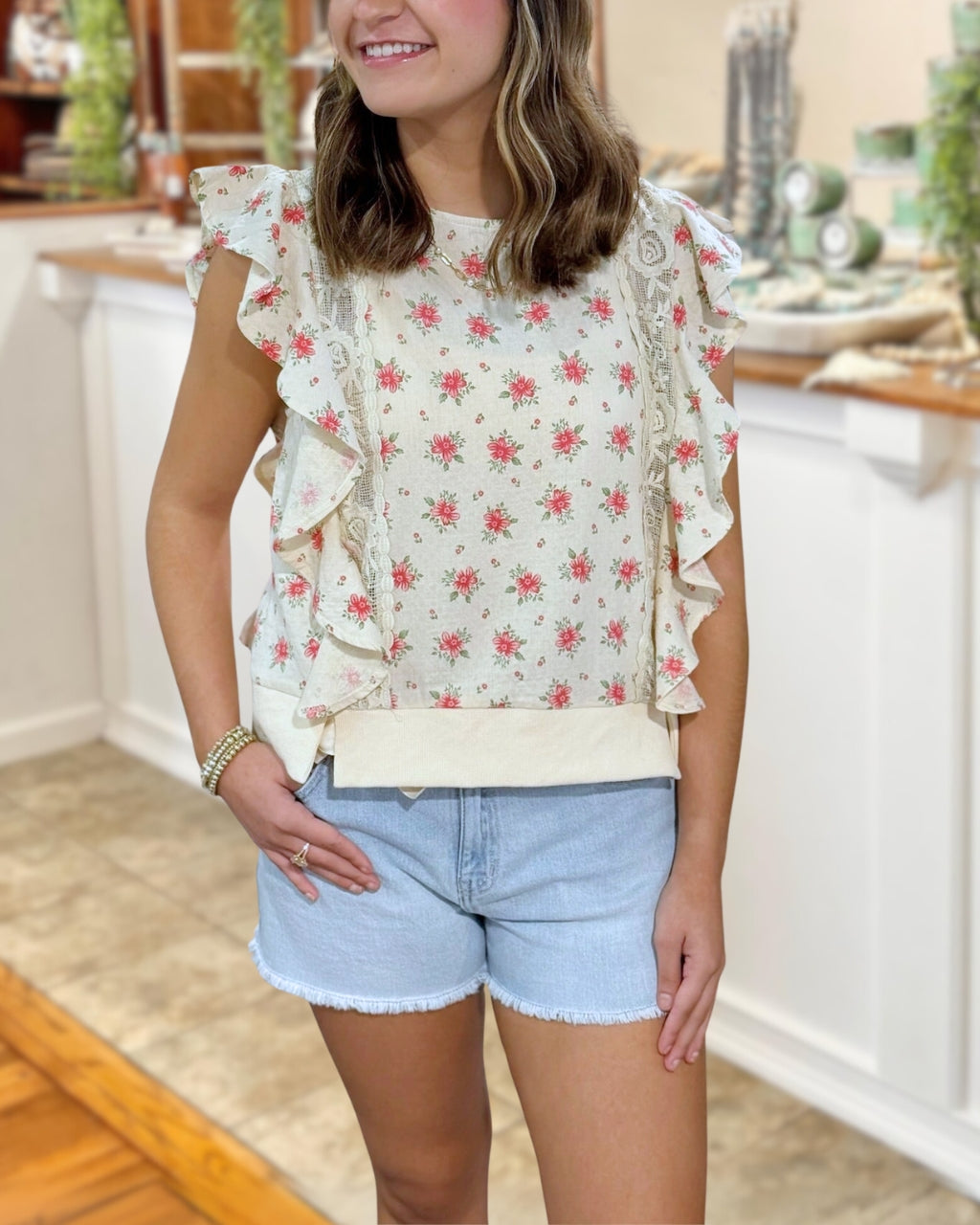 Floral Patchwork Lace Flutter Sleeve Top