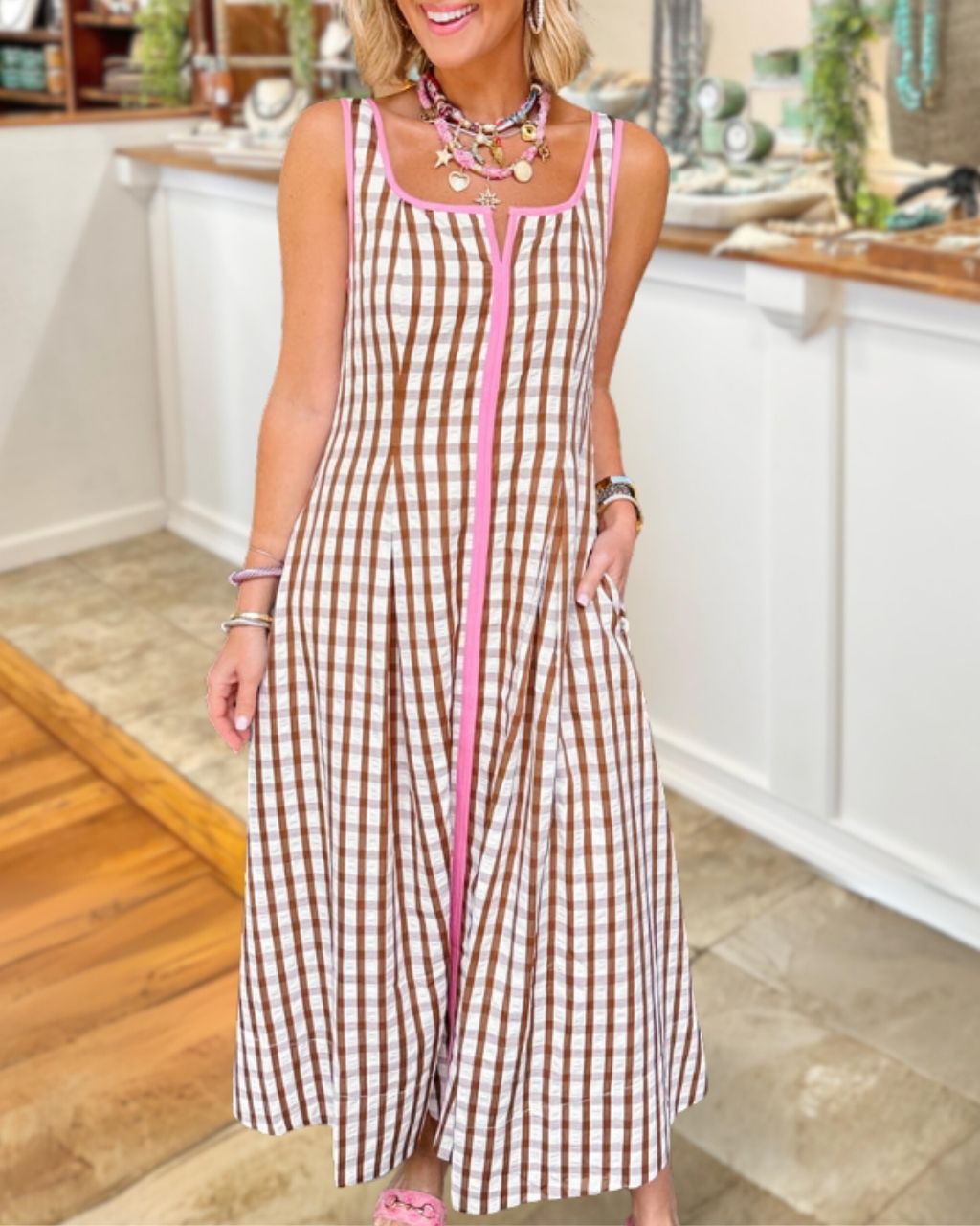 Plaid Contrast Trim Sleeveless Dress