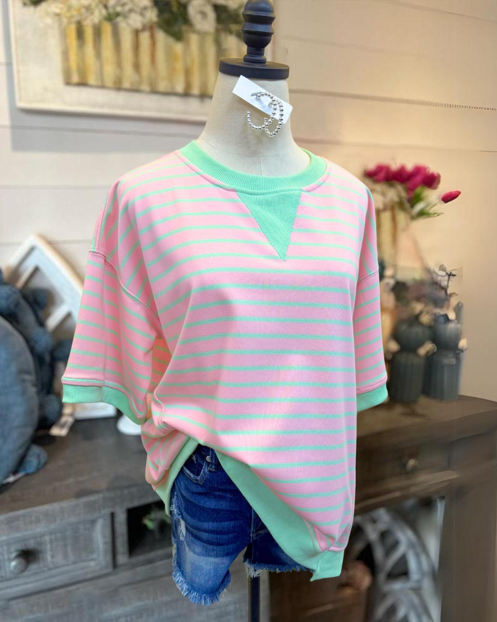 Ribbed Trim Striped Top