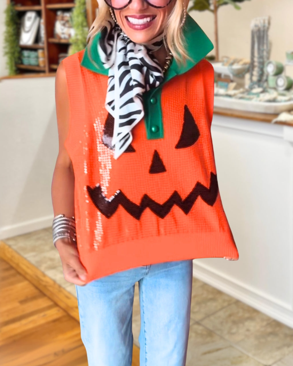 Sequin Pumpkin Smiley Face Vest