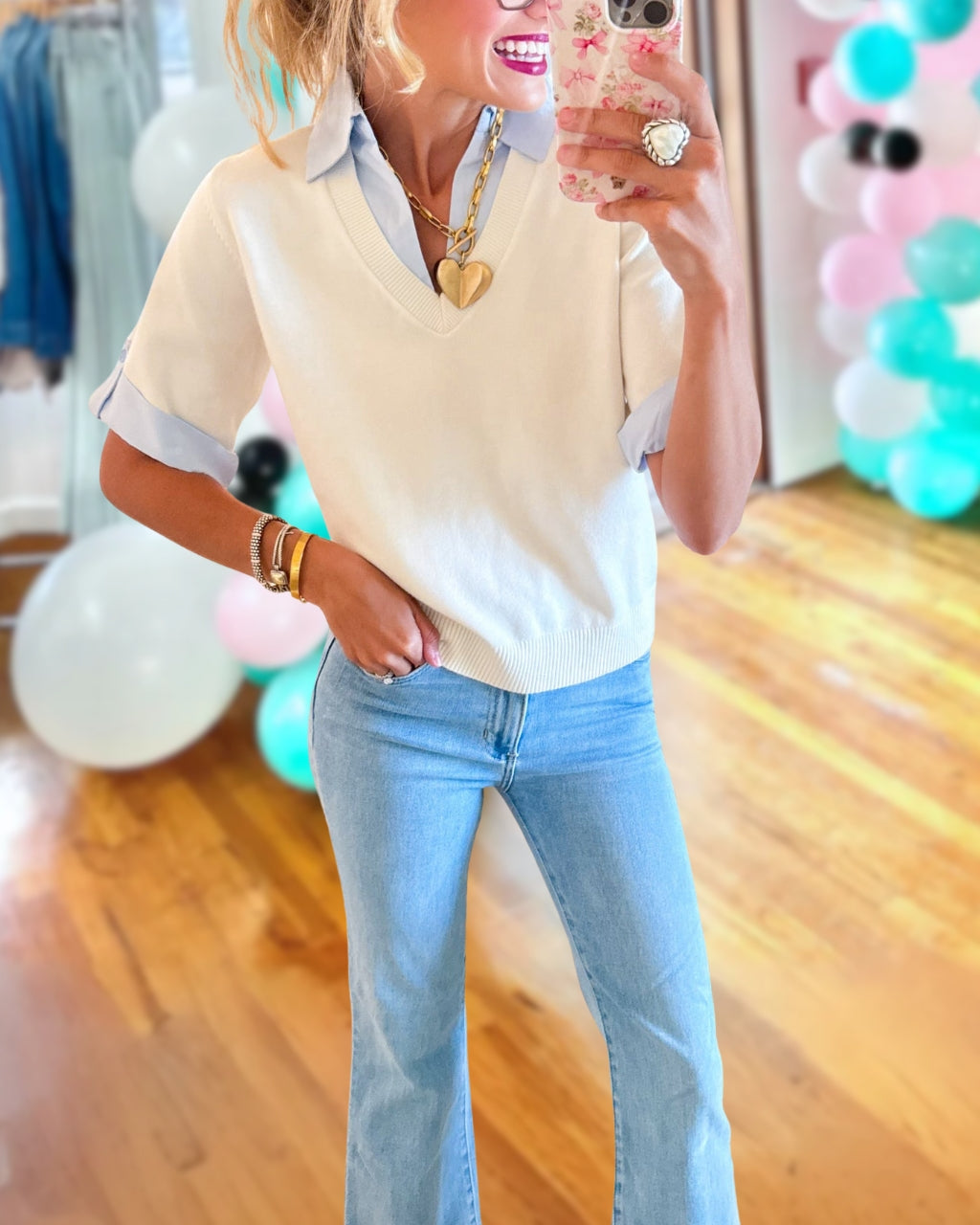 Patchwork Trim Collared Top