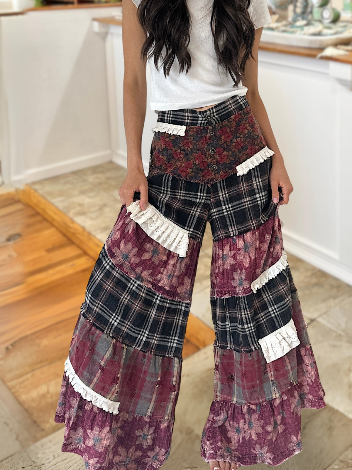 Floral Plaid Patchwork Ruffled Pants