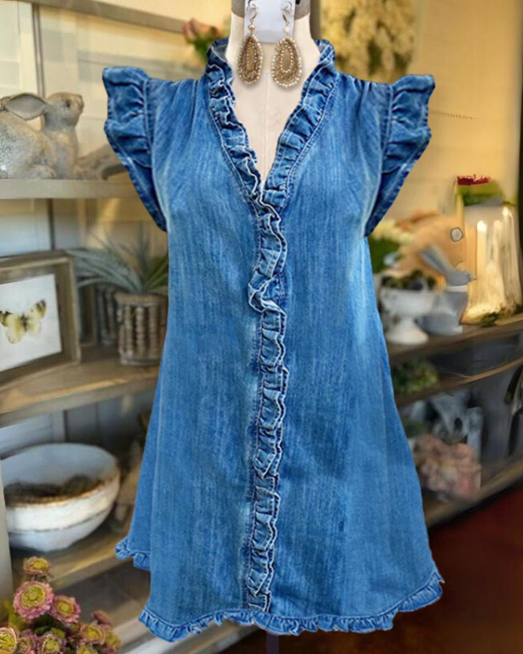 Cute Ruffled Denim Mini Dress