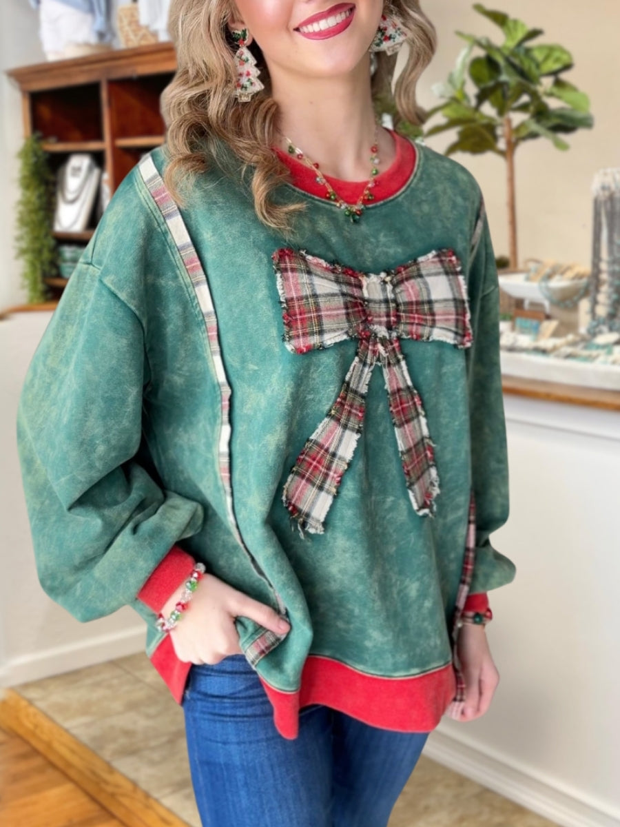 Bow-Tie Washed Distressed Patch Pullover