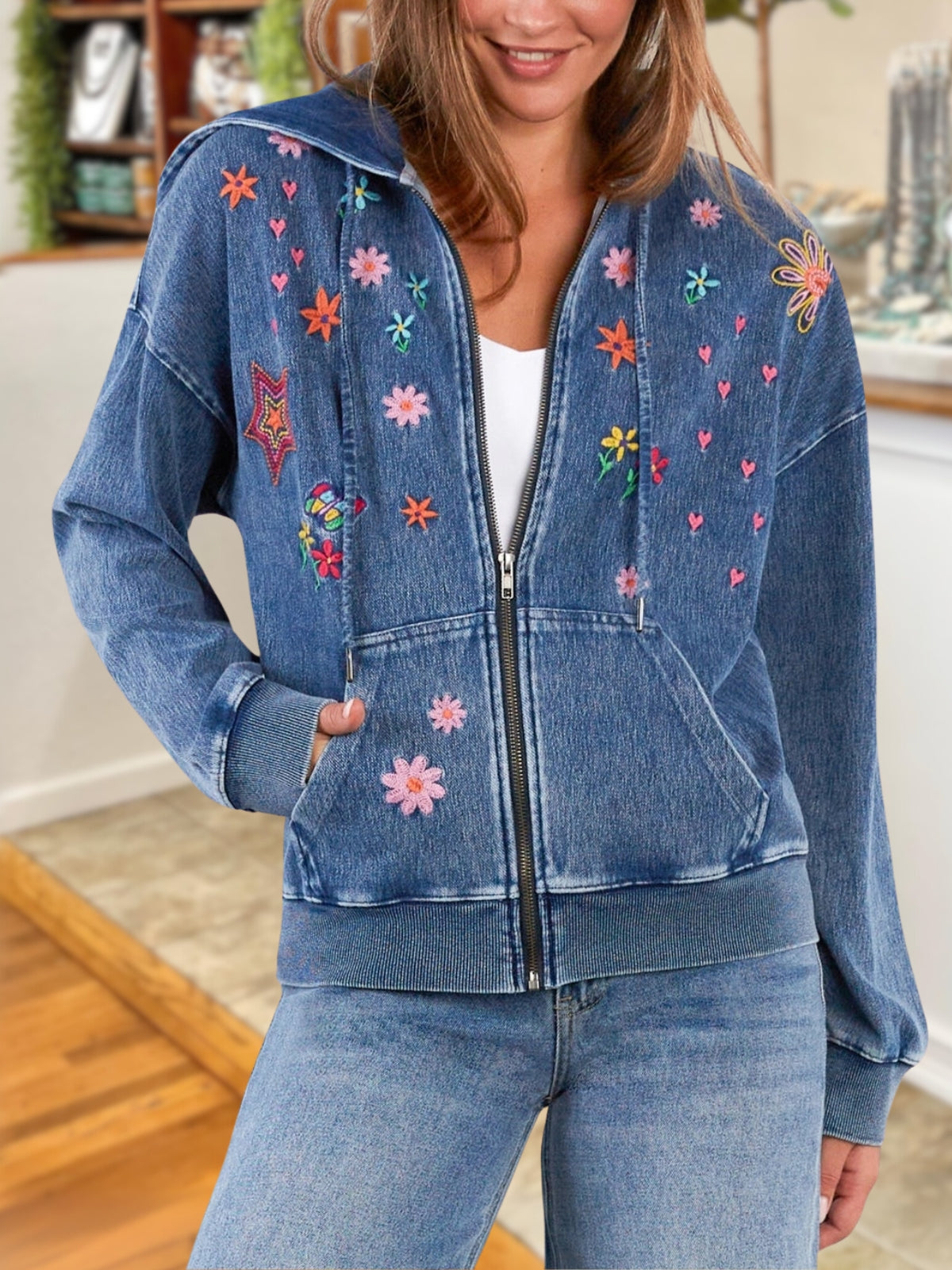 Colorful Floral Star Embroidered Denim Hoodie