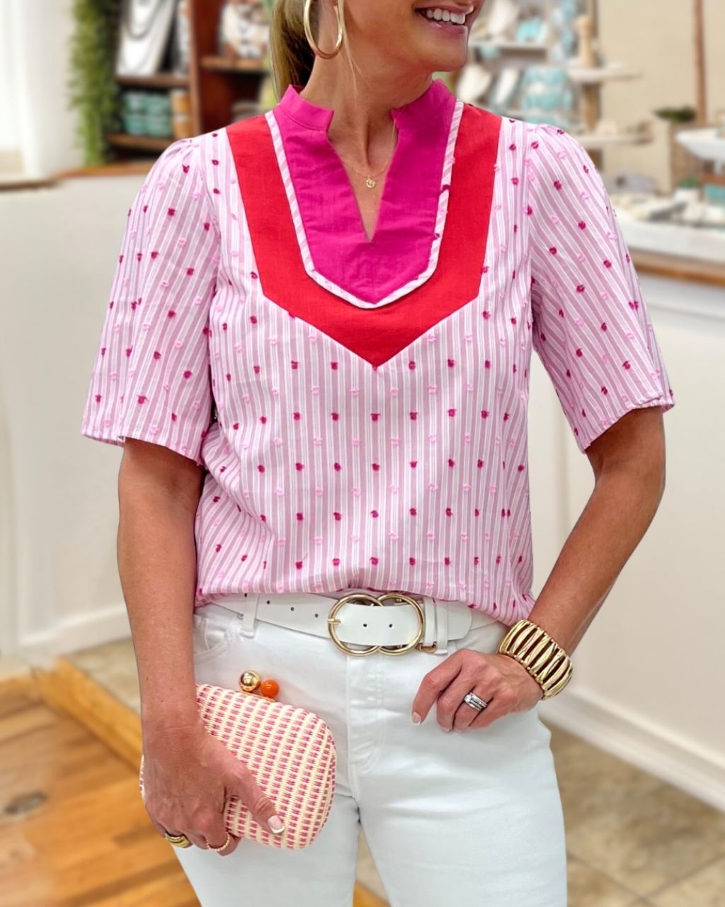 Jacquard Striped V-Neck Top
