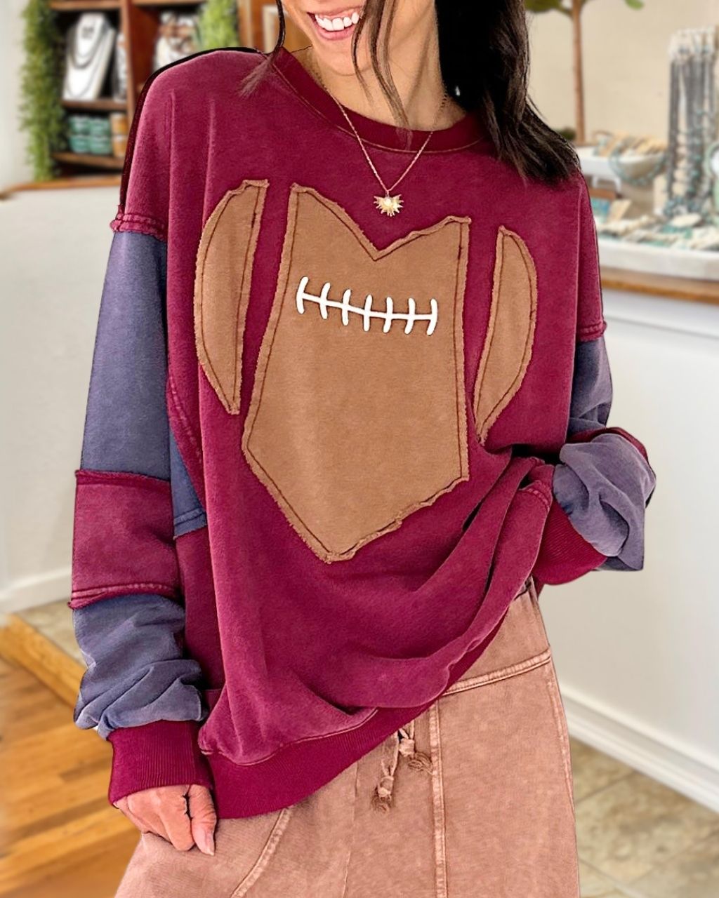 Football Embroidered Appliqué Washed Pullover