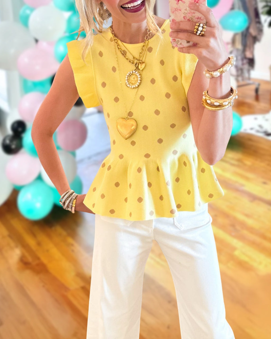 Polka-Dot Ribbed Trim Top