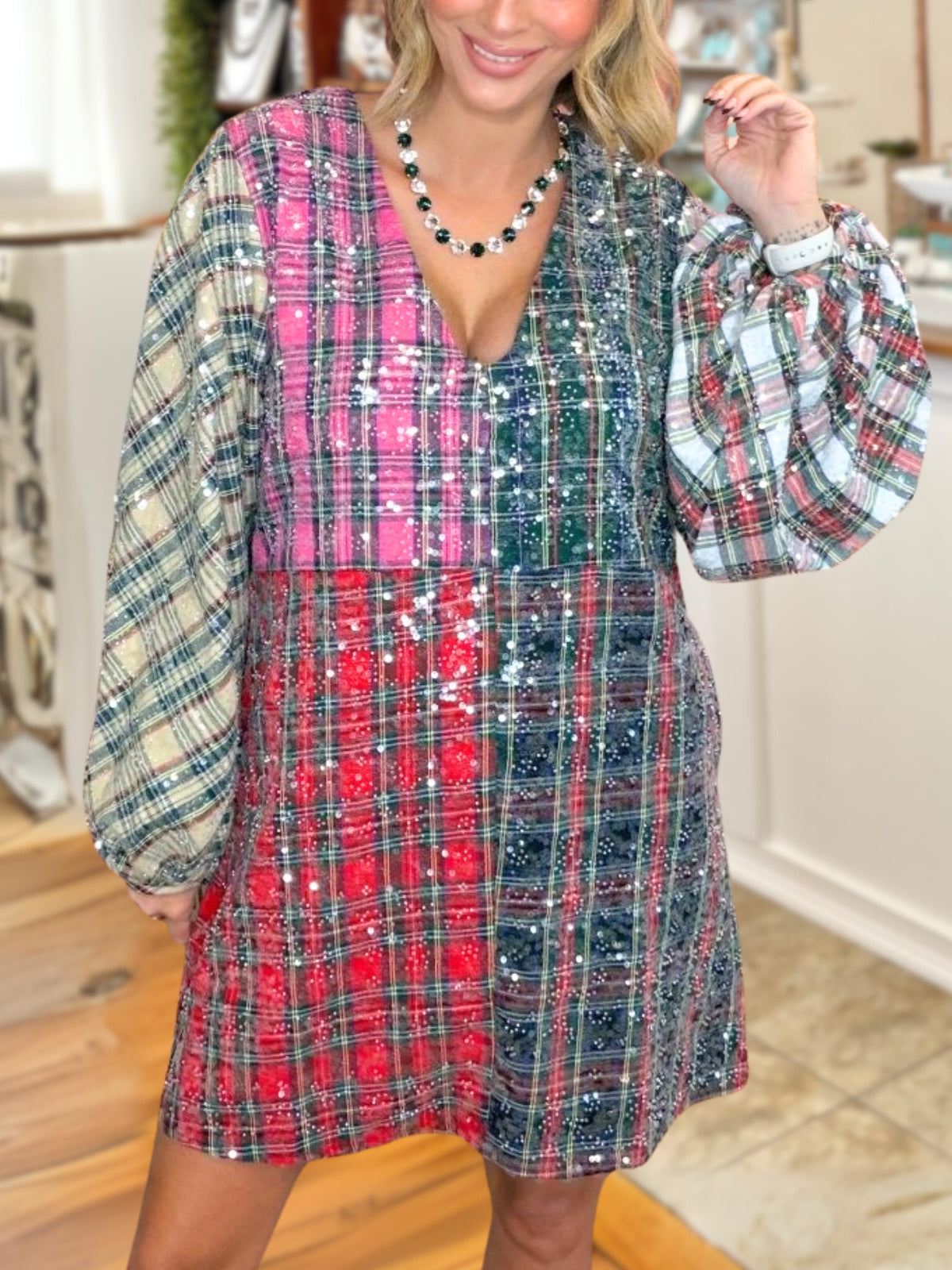 Multicolor Patchwork Plaid Sequin Dress