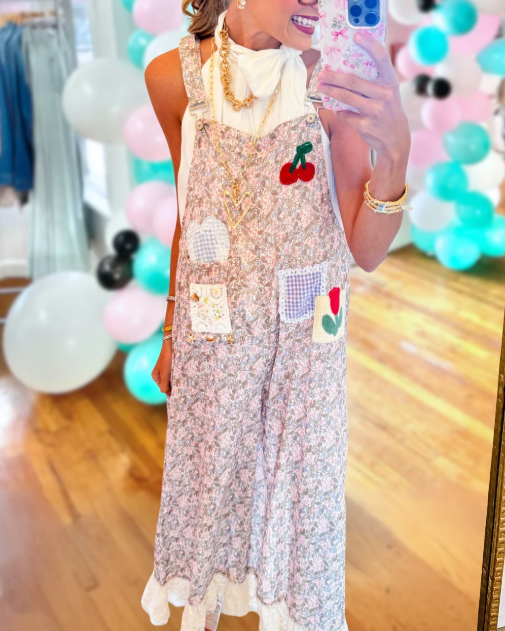 Patchwork Floral Wide Leg Overalls