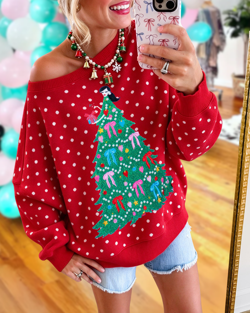 Polka-Dot Christmas Tree Embroidered Pullover