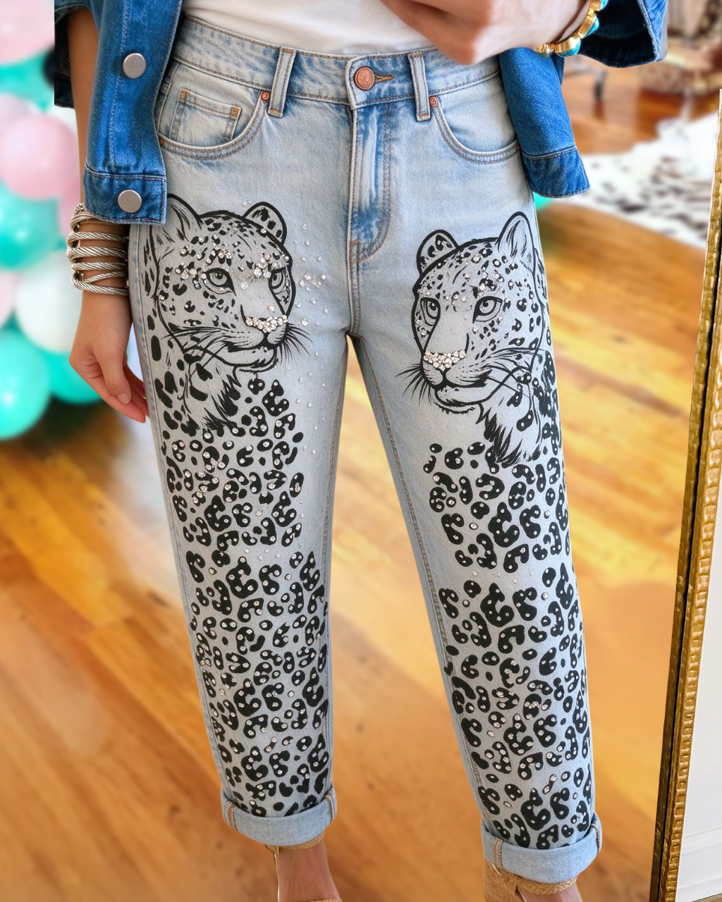 Leopard Print Rhinestone Jeans