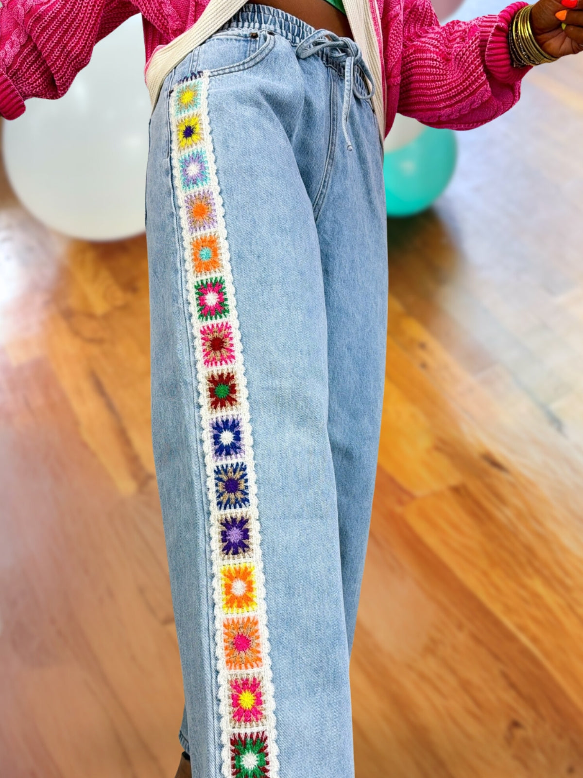 Side-Embroidered Floral Jeans