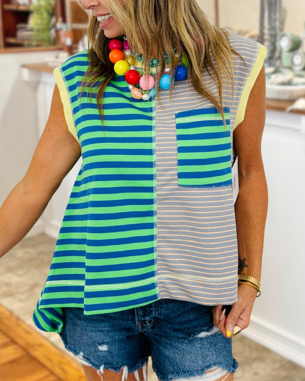 Striped Color-blocked Sleeveless Top