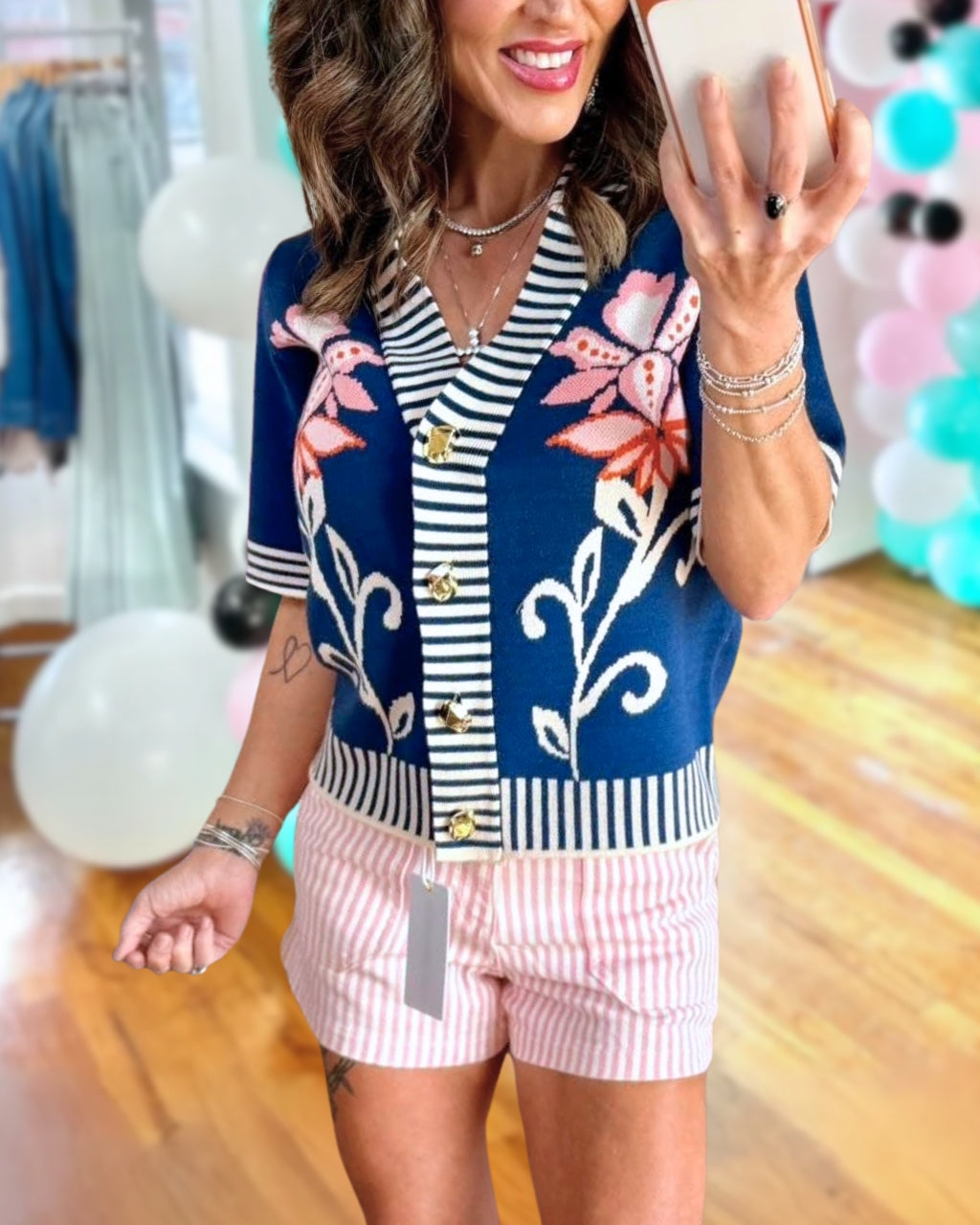 Floral Striped Trim Knitted Cardigan