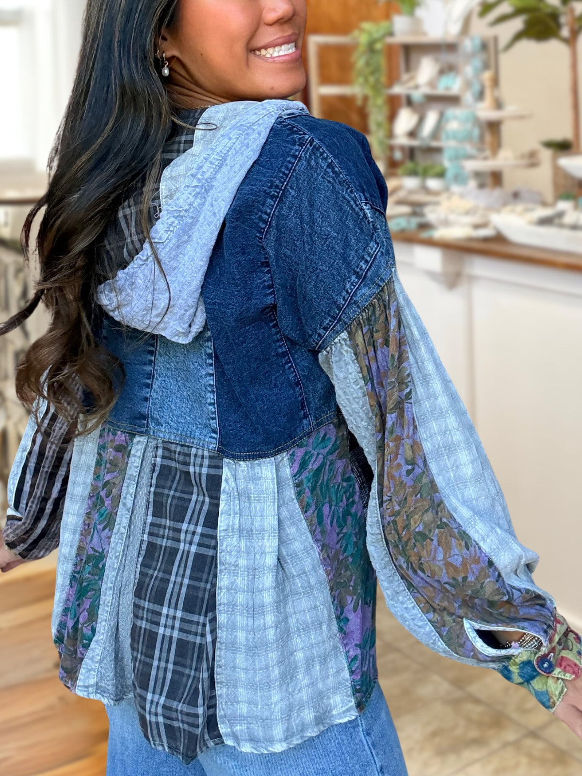 Floral Patchwork Denim Hoodie