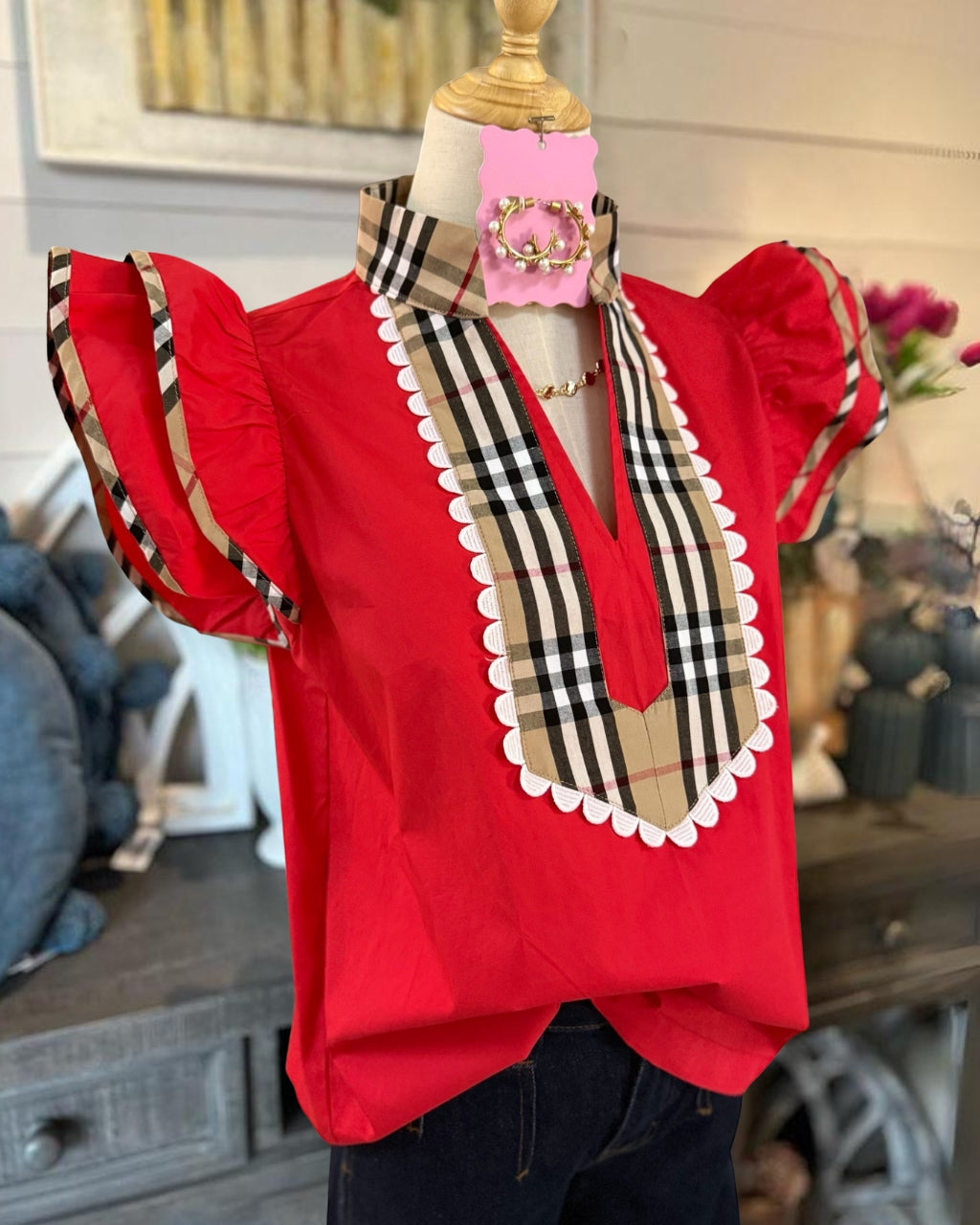 Plaid-Paneled Ruffle Poplin Top