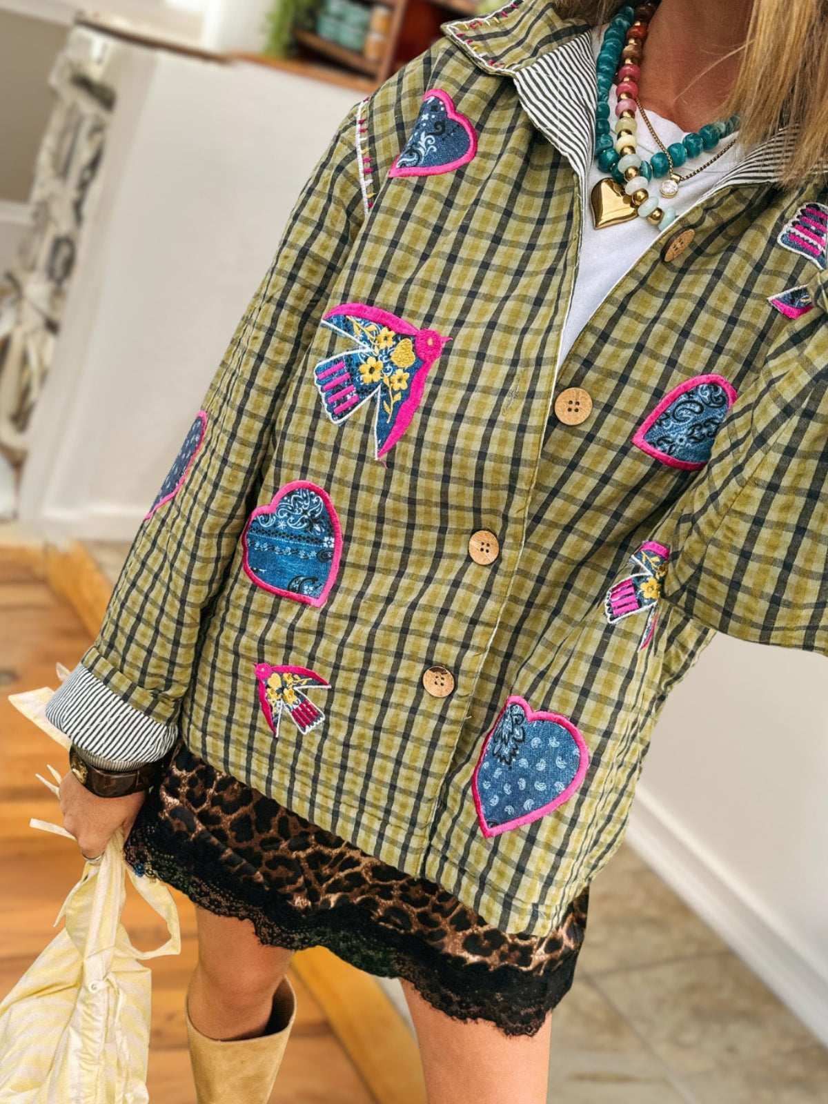 Sparrow-Embroidered Plaid Jacket