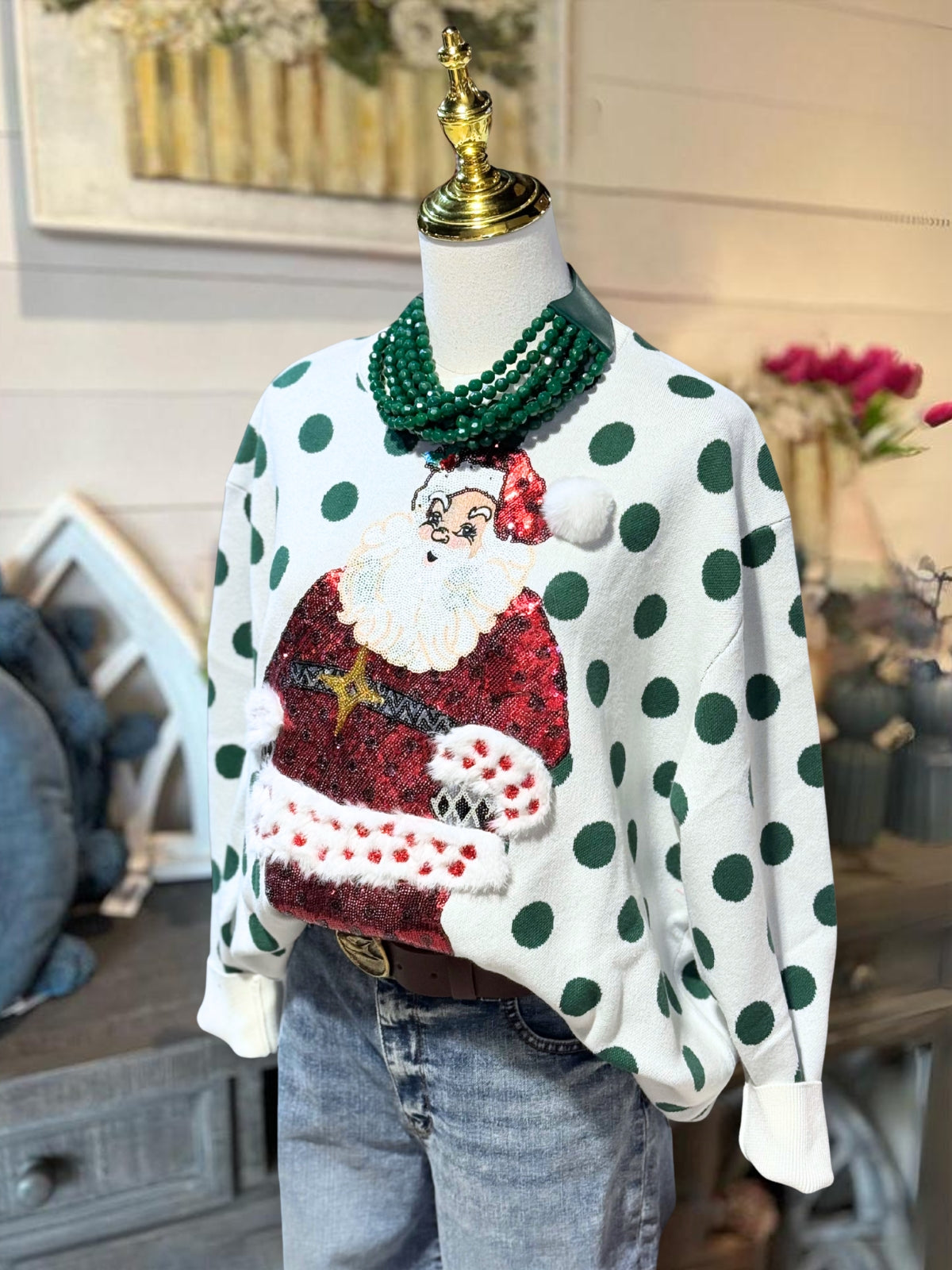 Santa Claus Sequined Polka Dot Pullover