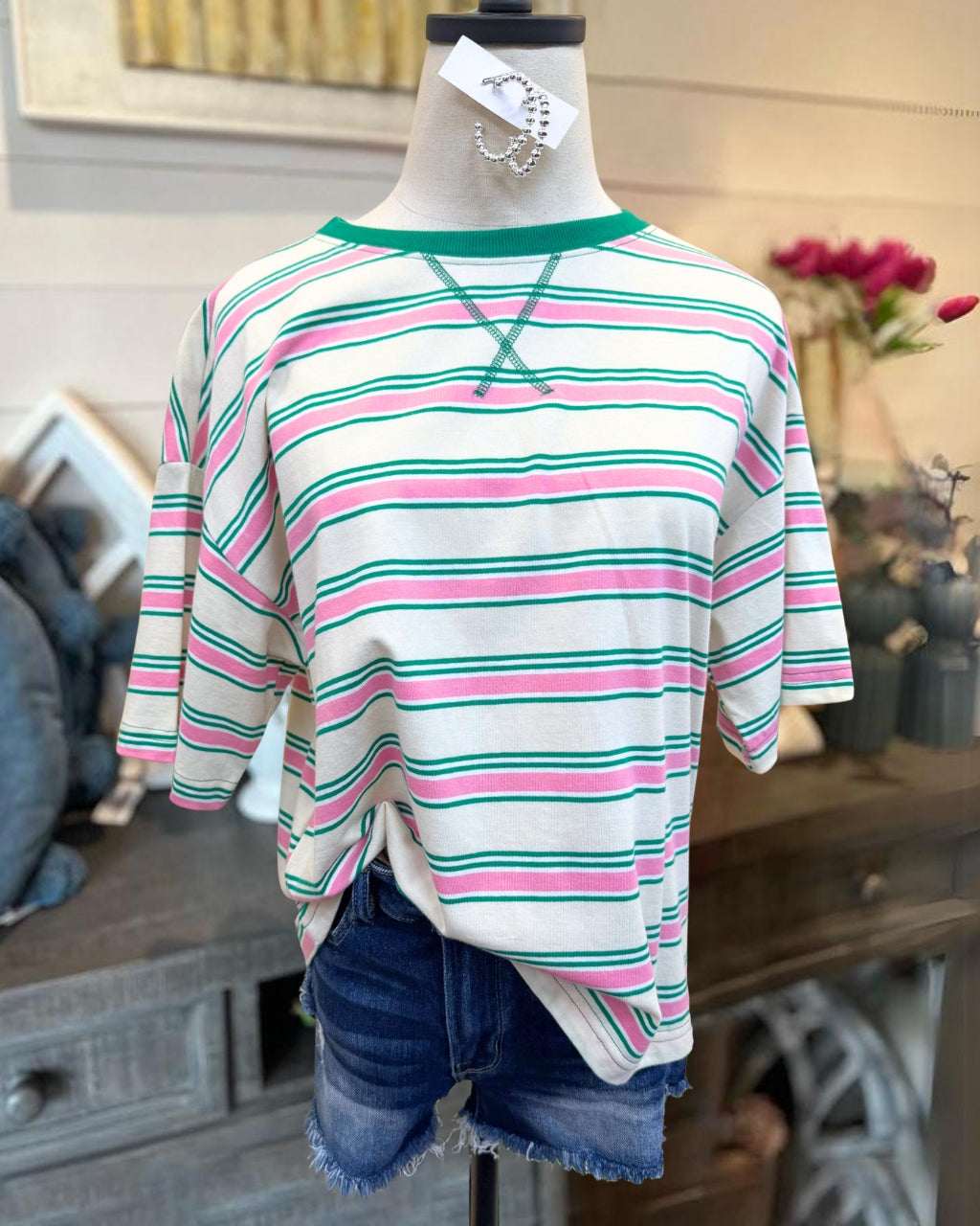 Contrast Striped Round-neck T-shirt
