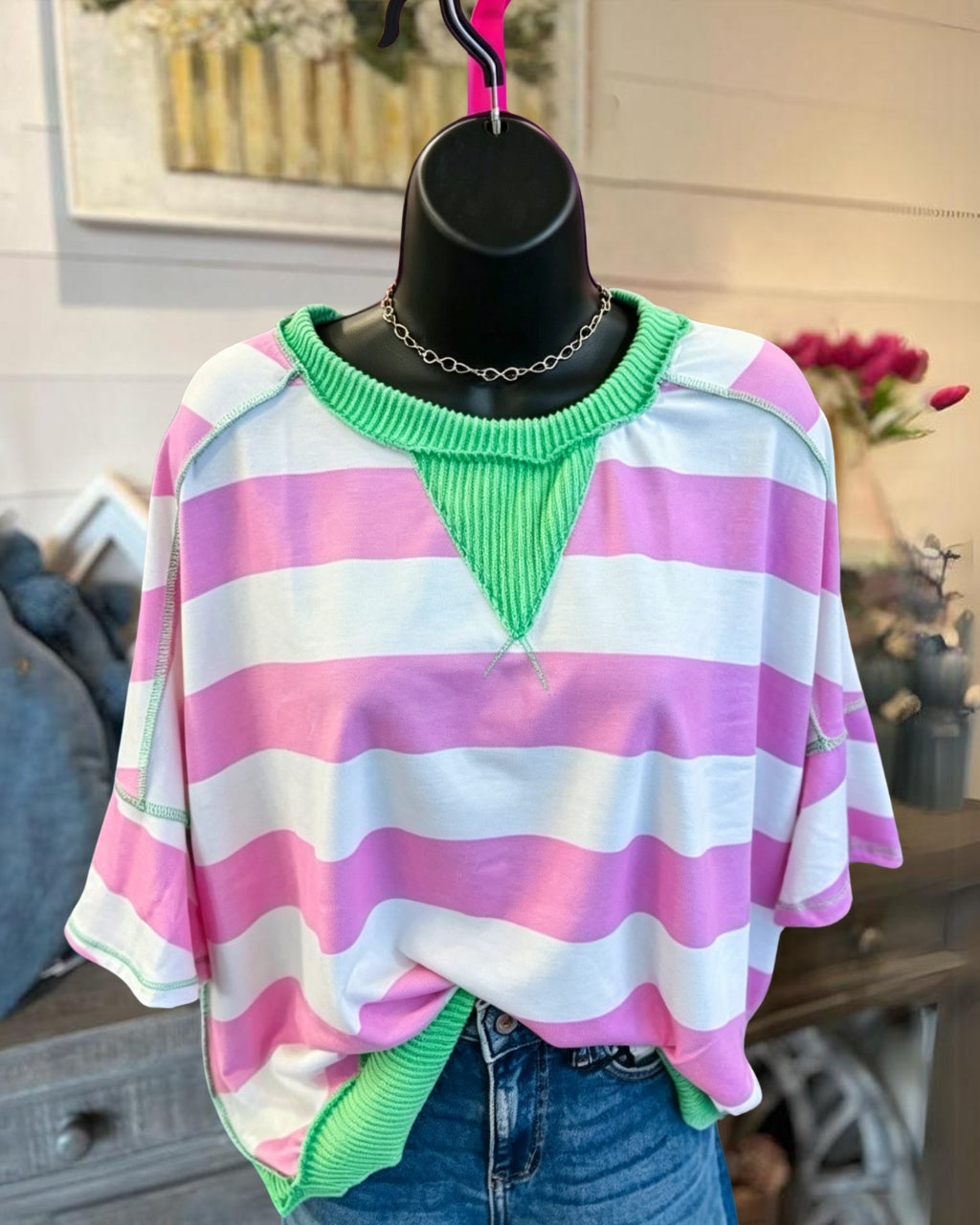 Reverse Stitching Striped Ribbed Trim T-shirt