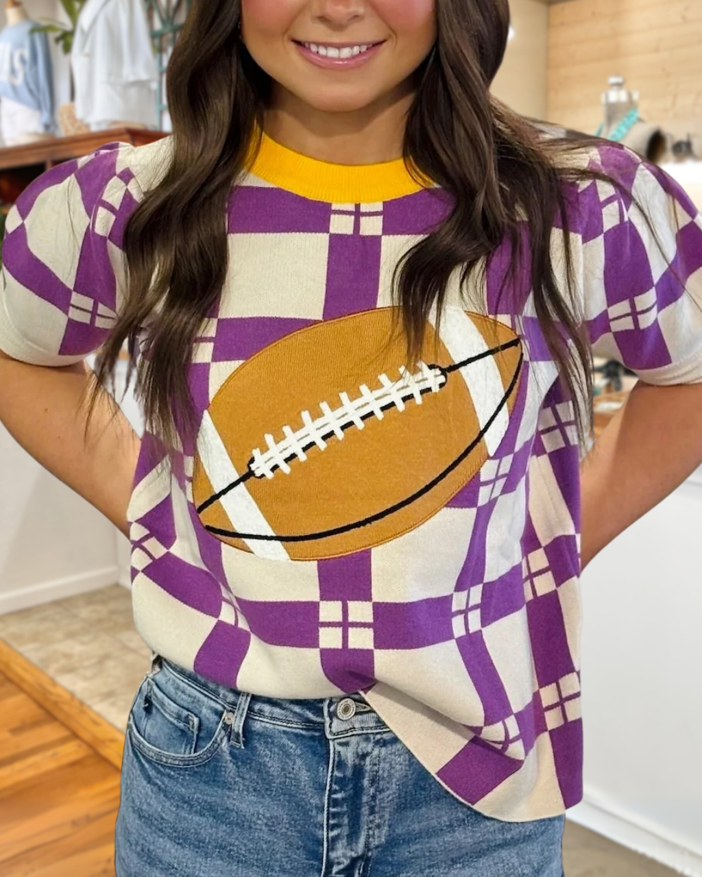 Football-embroidered Checkered Top