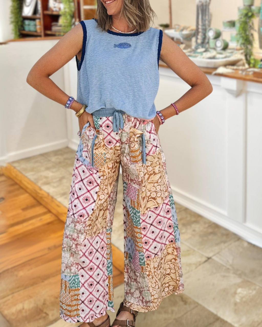 Mixed Floral Print Paneled Pants