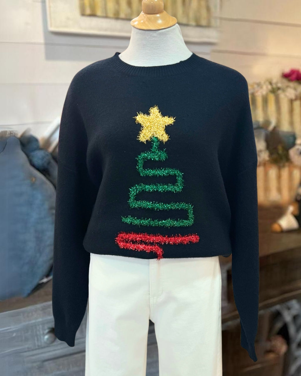 Christmas Tree Line Embroidered Pullover