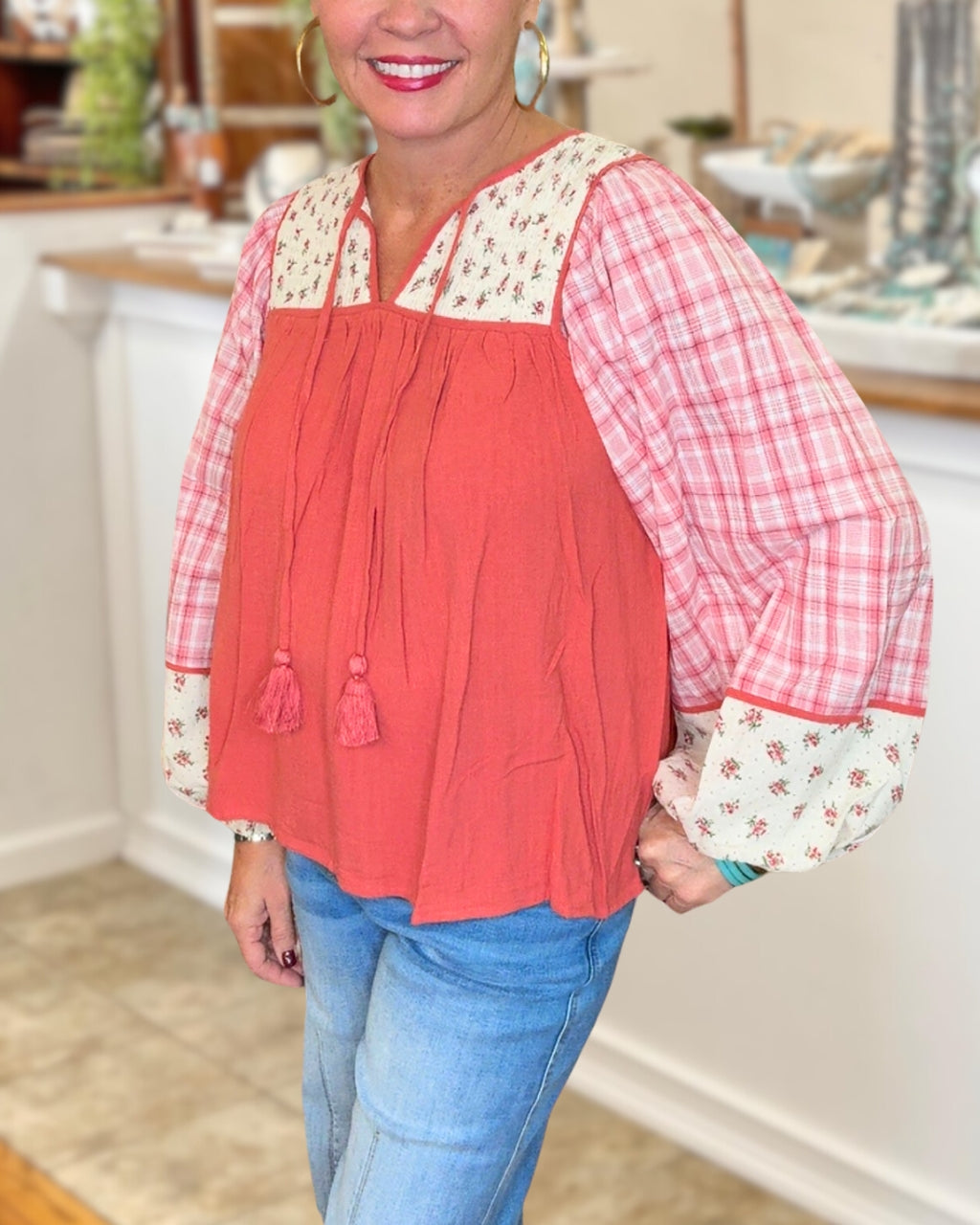 Floral Plaid Patchwork Top