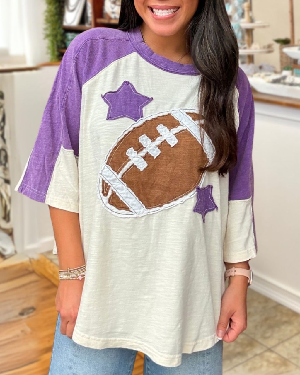 Color-blocked Raglan Football Patch Top