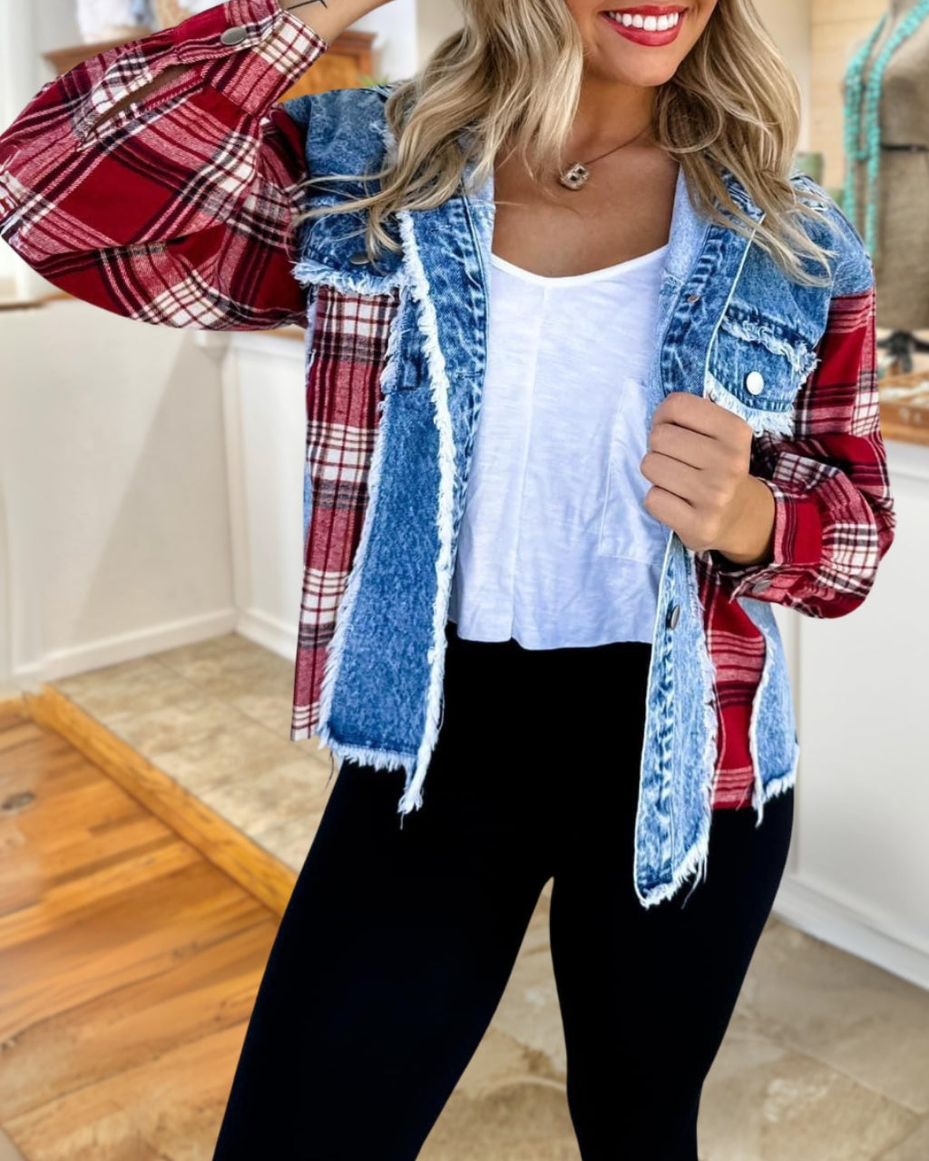 Denim and Plaid Fusion Jacket