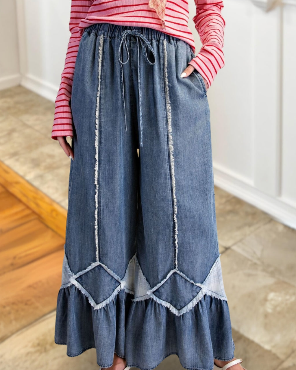 Raw-edge Patchwork Wide-leg Denim Pants