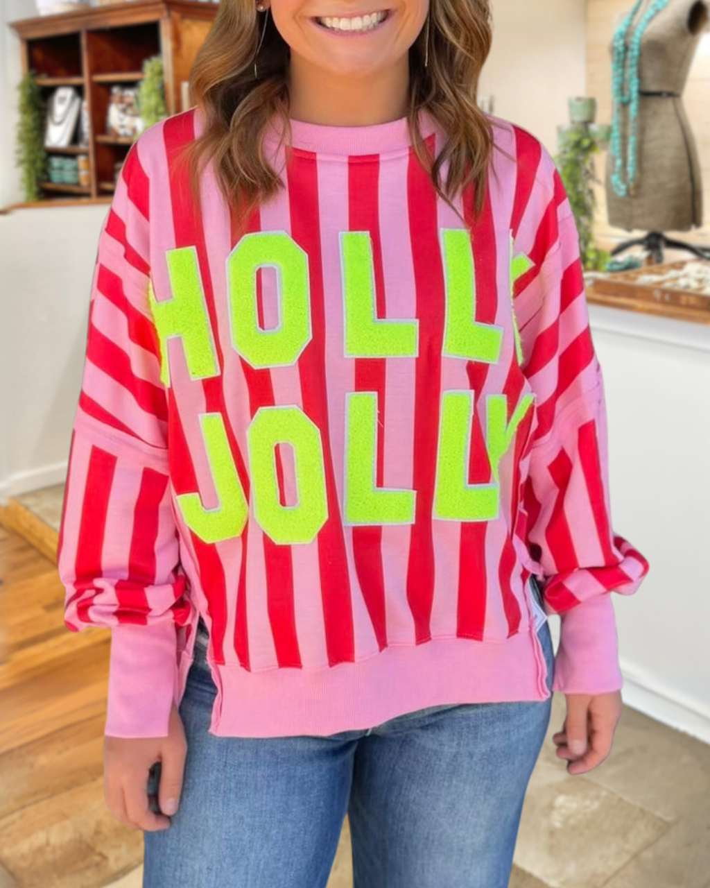 HOLLY JOLLY Striped Sequin Pullover