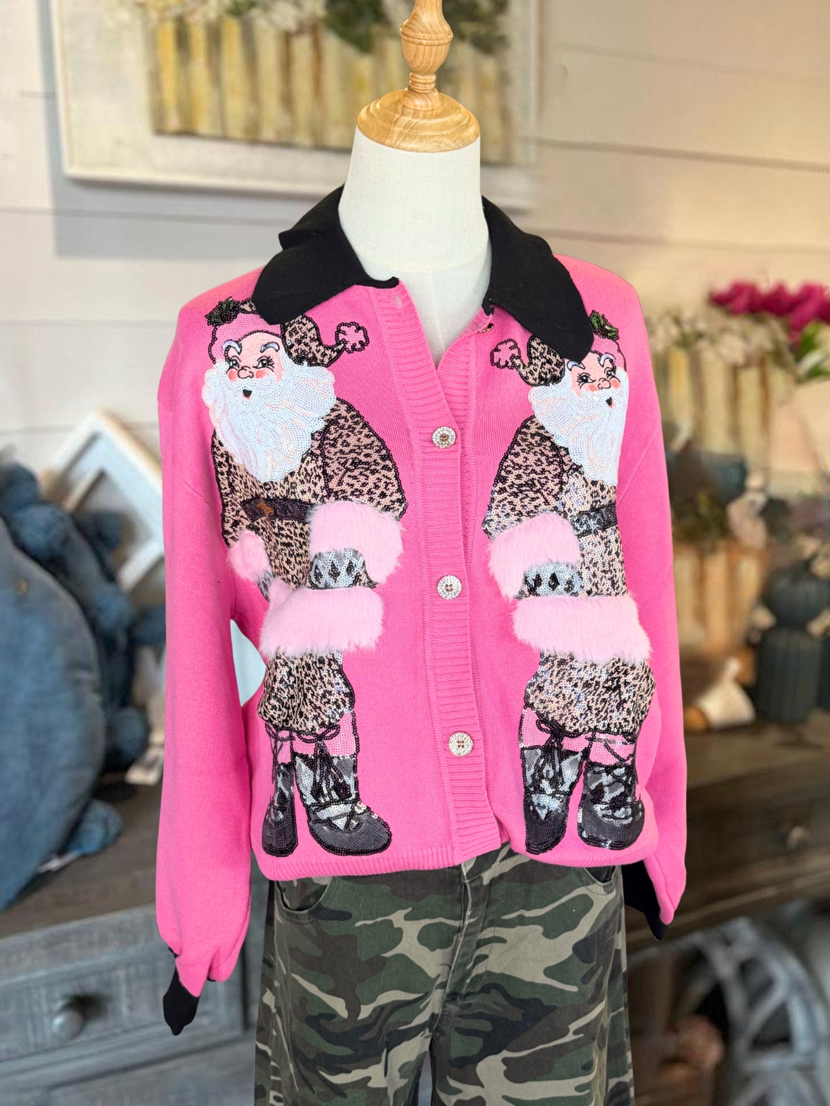 Santa Claus Leopard-Print Sequin Cardigan
