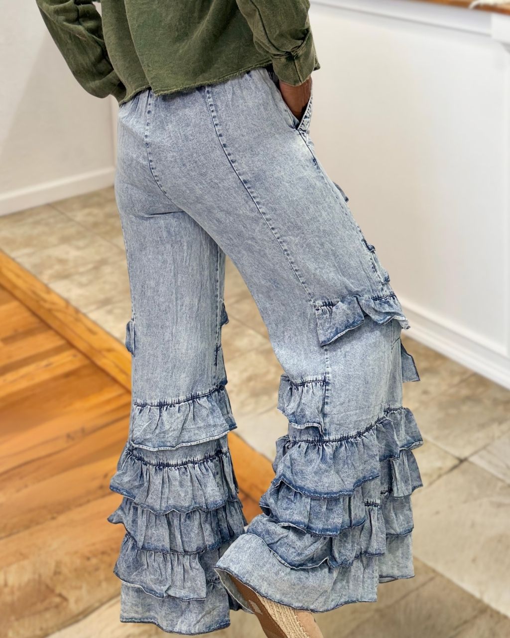 Multi Layer Ruffle Flared Jeans